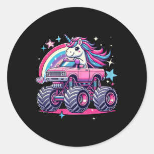 Funny Niedlich Unicorn Reiten Ein rosa Monster LKW Runder Aufkleber