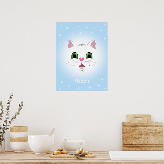 Funny niedlich white cat face on light blue poster (Küche)