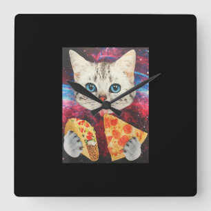 Funny Niedliche Weltraumgalaxie Cat Meme Pizza Tac Quadratische Wanduhr