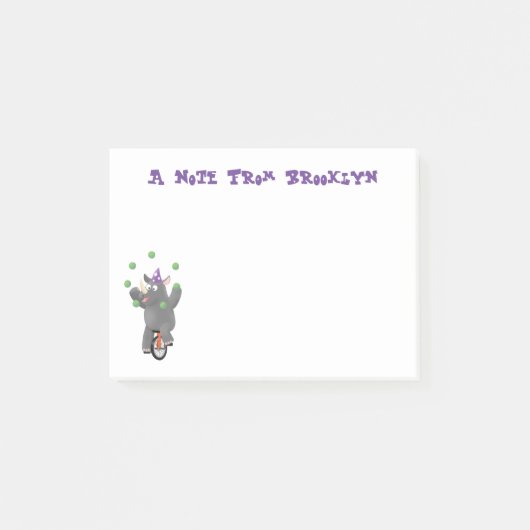 Funny niedlicher Nashorn jonglieren auf Einrad Post-it Klebezettel (Vorderseite)