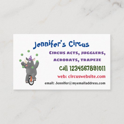 Funny niedlicher Nashorn jonglieren auf Einrad Visitenkarte (Vorderseite)