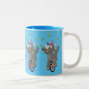 Funny niedlicher Nashorn jonglieren auf Einrad Zweifarbige Tasse