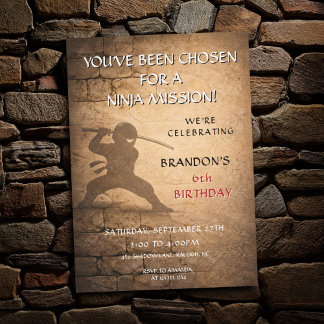 Funny Ninja Mission Aged Stone Wall Kids Birthday Einladung