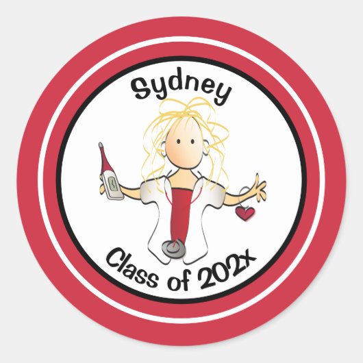 Funny Nurse Cartoon Red Black Abschluss Class Runder Aufkleber (Vorderseite)