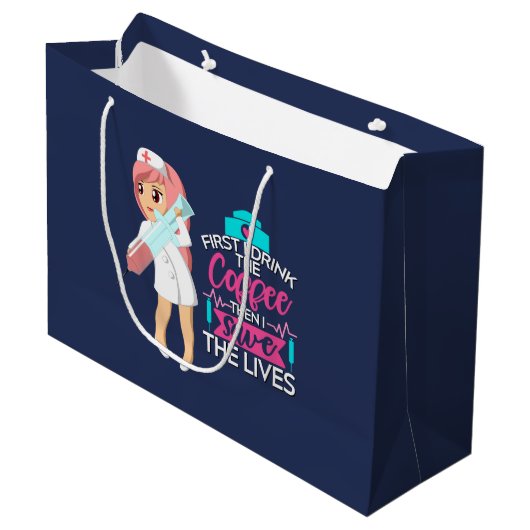 Funny Nurse Sprichwort mit Big Hypodermic Needle Große Geschenktüte (Vorderseite Schrägansicht)