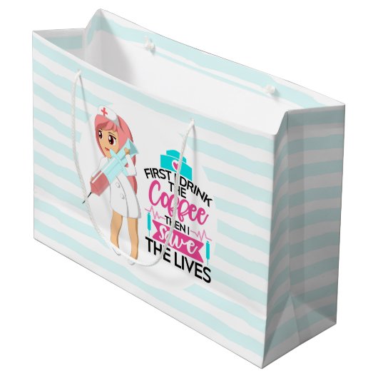 Funny Nurse Sprichwort mit Big Hypodermic Needle Große Geschenktüte (Vorderseite Schrägansicht)