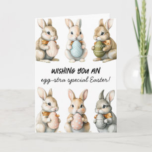 Funny Oaster Bunnies mit farbenfrohen Eiern Karte