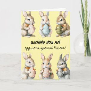 Funny Oaster Bunnies mit farbenfrohen Eiern Karte