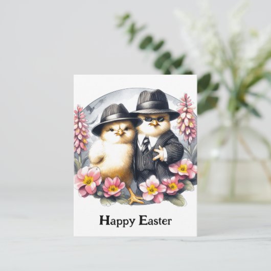 Funny Oaster Chicks Rosa Gelbe Blumen Postkarte (Stehend Vorderseite)