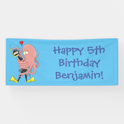 Funny octopus umarmt Taucher Cartoon Spaß Banner (Horizontal)