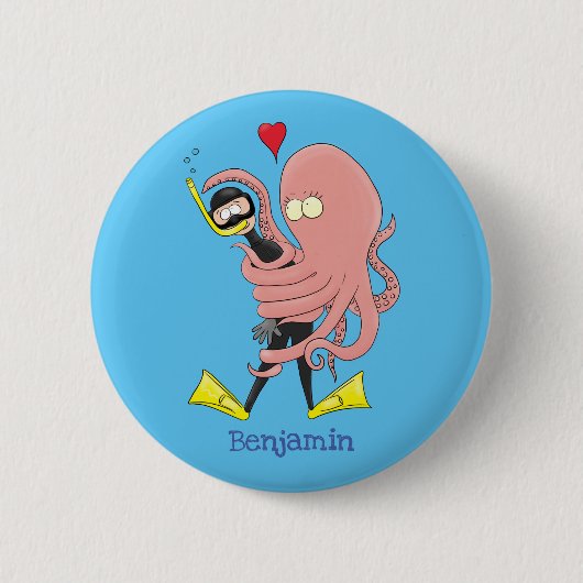 Funny octopus umarmt Taucher Cartoon Spaß Button (Vorderseite)