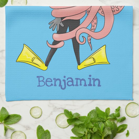 Funny octopus umarmt Taucher Cartoon Spaß Geschirrtuch (Gefaltet)