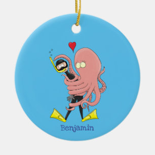 Funny octopus umarmt Taucher Cartoon Spaß Keramik Ornament