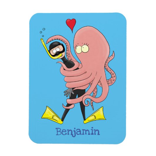 Funny octopus umarmt Taucher Cartoon Spaß Magnet (Vertikal)