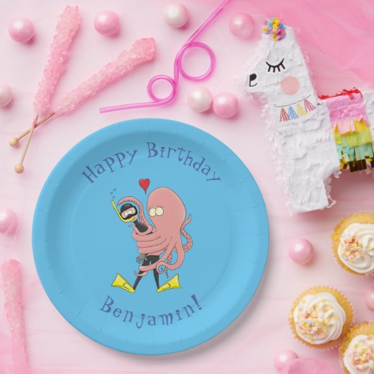 Funny octopus umarmt Taucher Cartoon Spaß Pappteller (Party)