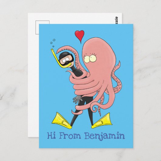 Funny octopus umarmt Taucher Cartoon Spaß Postkarte (Vorne/Hinten)