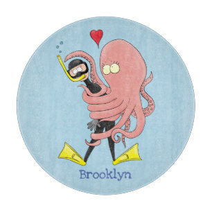 Funny octopus umarmt Taucher Cartoon Spaß Schneidebrett