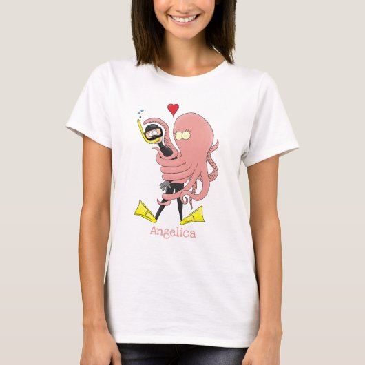 Funny octopus umarmt Taucher Cartoon Spaß T-Shirt (Vorderseite)