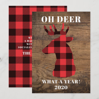 Funny Oh Deer What a Year Buffalo Pläd Wood Feiertagskarte