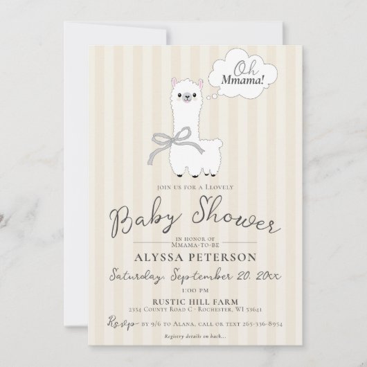 Funny Oh Mmama Llama Cute Beige Baby Shower Einladung (Vorderseite)