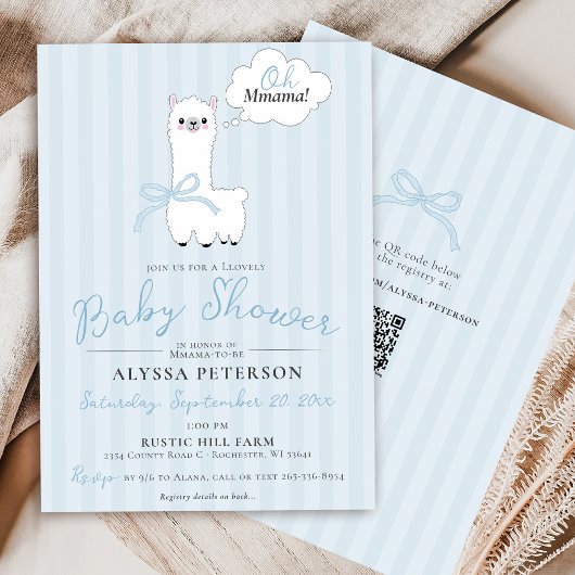 Funny Oh Mmama Llama Cute Blue Baby Boy Shower Einladung