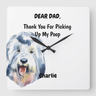 Funny Old English Sheepdog Dad Watercolor Canine Quadratische Wanduhr