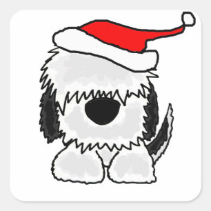 Funny Old English Sheepdog in Weihnachtsmannmütze Quadratischer Aufkleber