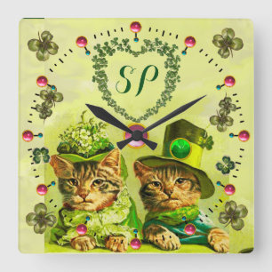 FUNNY OLD FASHION ST.PATRICK'S CATS,HEART MONOGRAM QUADRATISCHE WANDUHR