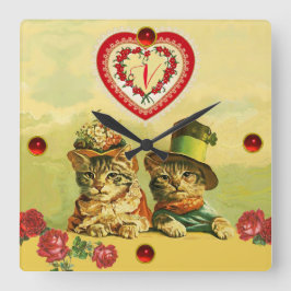 FUNNY OLD FASHION VALENTINSTAG CATS, Hearts, Rose Quadratische Wanduhr
