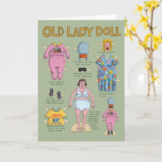 FUNNY Old Lady Paper Doll. Karte (Gelbe Blume)