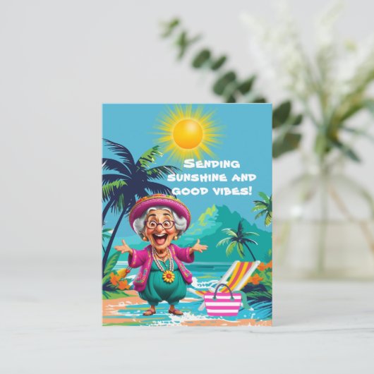 Funny Old Lady schickt Sonnenschein und gute Stimm Postkarte (Stehend Vorderseite)