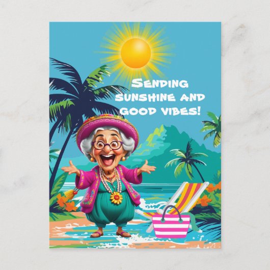 Funny Old Lady schickt Sonnenschein und gute Stimm Postkarte (Vorderseite)