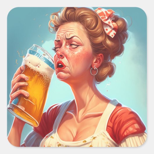 Funny Old Lady trinken ein Bier Quadratischer Aufkleber (Vorderseite)