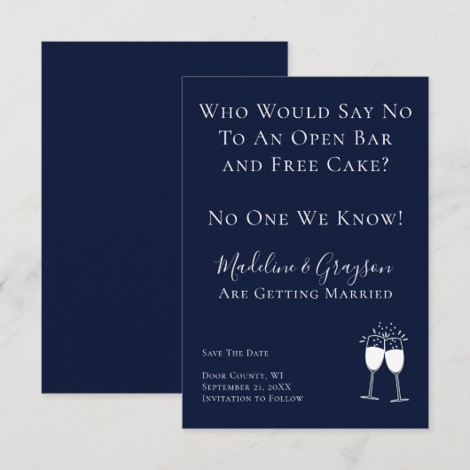 Funny Open Bar Free Cake Hochzeit speichern das Da Save The Date (Vorne/Hinten)