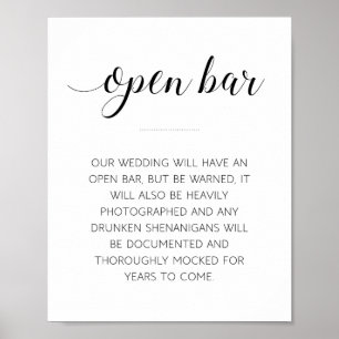 Funny Open Bar Wedding Sign Poster