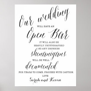 Funny Open Bar Wedding-Zeichen Personalisierte N Poster