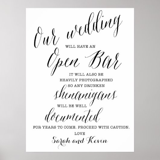 Funny Open Bar Wedding-Zeichen | Personalisierte N Poster (Vorne)