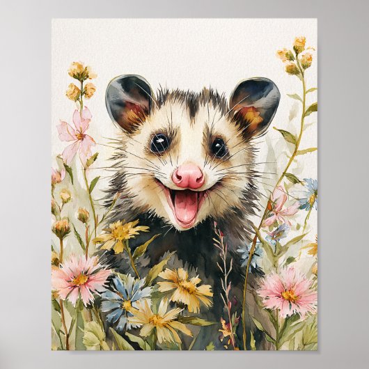 Funny Opossum in Blume - Aquarell Poster (Vorne)
