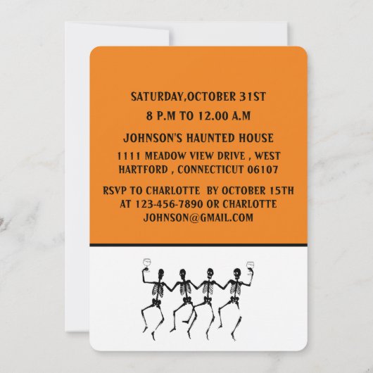 Funny Orange & Black Dancing Skelett Halloween Einladung (Rückseite)