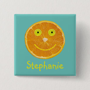 Funny Orange Frucht Lächeln Gesichtskinder Name Button