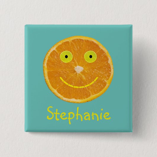 Funny Orange Fruit Lächeln Gesicht Kinder Name Button (Vorderseite)