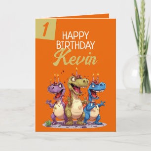 Funny Orange & Green Candle Trex Boy 1. Geburtstag Karte