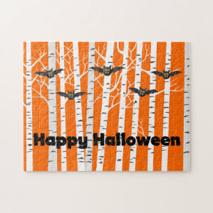 Funny Orange Happy Halloween Fledermäuse Birch For Puzzle