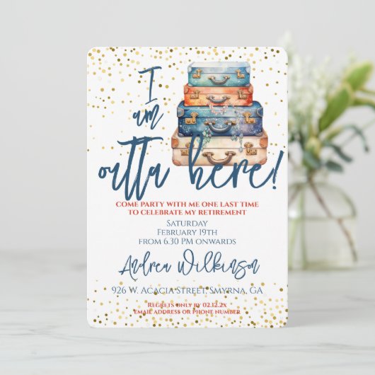 Funny Outta Here Retirement Party Einladung (Stehend Vorderseite)