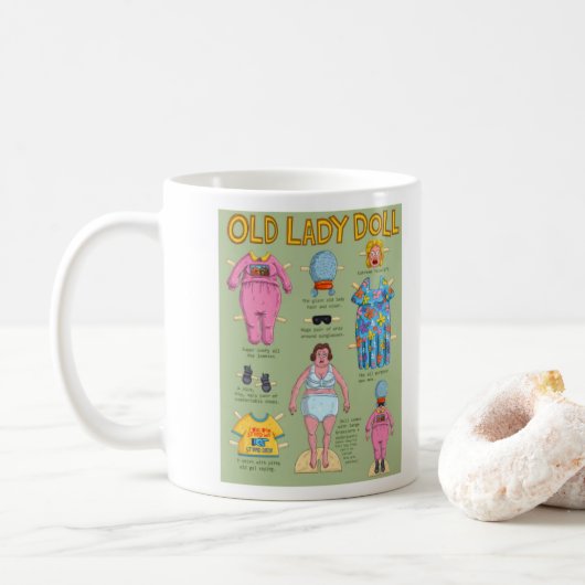 FUNNY Over the Hill Old Lady Paper Doll Kaffeetasse (Mit Donut)