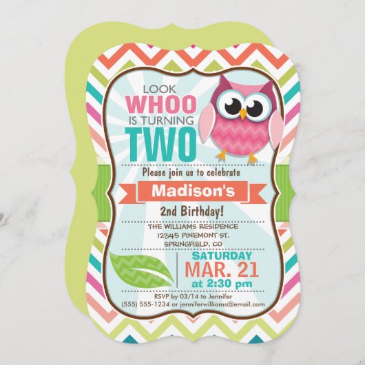 Funny Owl über Niedliches Zickzack Muster Geburtst Einladung (Vorne/Hinten)