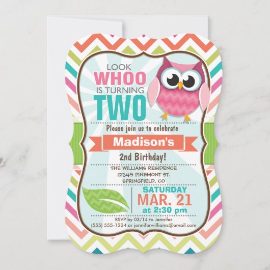 Funny Owl über Niedliches Zickzack Muster Geburtst Einladung (Vorderseite)