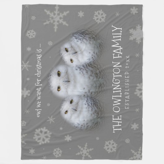 Funny Owl We Want for Christmas ... Snowy Owls Fleecedecke (Vorderseite)