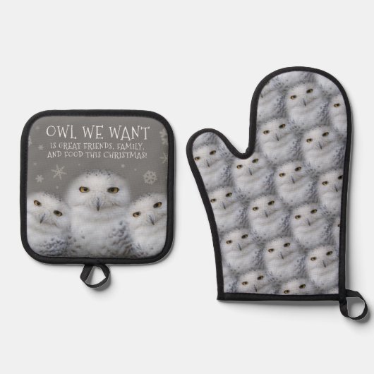 Funny Owl Wir Wollte zu Weihnachten ... Snowy Owls Ofenhandschuh & Topflappen-Set (Vorderseite)