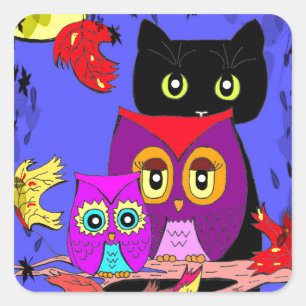 Funny Owls Black Cat Fall Moon Creationarts Quadratischer Aufkleber